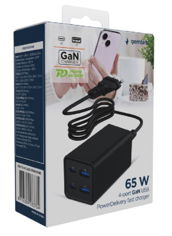 PUNJAČ KUĆNI 65W 4-port - GaN-USB-usb-tip-c-PowerDelivery-brzi-punjac