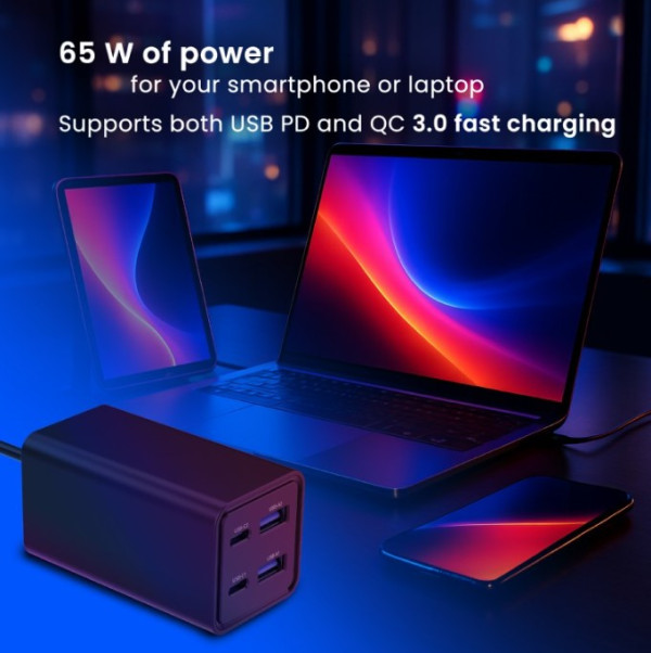 PUNJAČ KUĆNI 65W 4-port - GaN-USB-PowerDelivery-brzo-punjenje