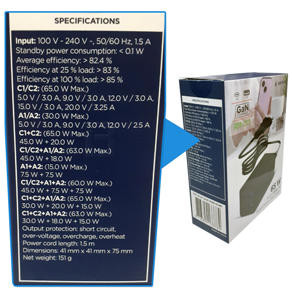 PUNJAČ KUĆNI 65W 4-port - gan-brzi-punjac-specifikacija