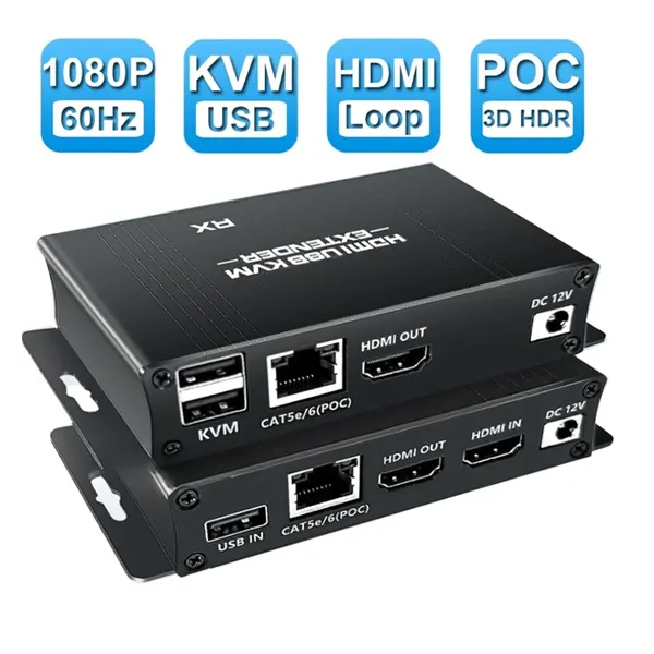 HDMI EXTENDER KT-HDEX60M - Bočni kadar metalnog kućišta Kettz KT-HDEX60M sa prikazom DC naponskog ulaza i mrežnih lampica