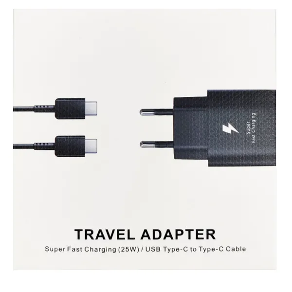 PUNJAČ KUĆNI S KABLOM C 25W - Crni Gembird NPA-AC43 USB-C adapter za punjenje postavljen pored zamenskog mrežnog kabla