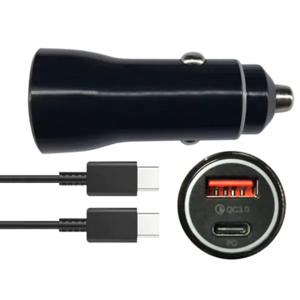 PUNJAČ AUTO QC3.0 S KABLOM C - Gembird NPA-AC23 crni auto brzi punjač sa USB-C i USB-A portovima i pratećim USB-C kablom
