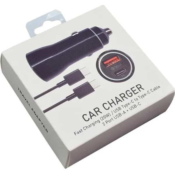 PUNJAČ AUTO QC3.0 S KABLOM C - Odvojivi USB-C na USB-C muški kabel za punjenje i prenos podataka u automobilu