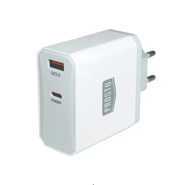 PUNJAČ KUĆNI USB P379 65W - Prosto USBP379 beli brzi kući punjač snage 65W sa GaN tehnologijom i ugrađenim ženskim USB-C i USB-A portovima
