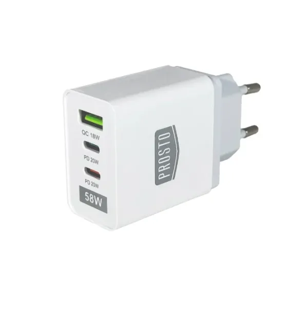 PUNJAČ KUĆNI USB P371 58W - Prosto USBP371 beli brzi kućni punjač snage 58W sa tri izlazna porta za istovremeno punjenje telefona i tableta