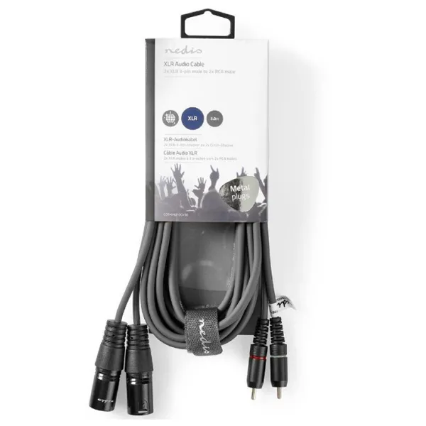XLR na RCA x2 KABL 3m - Prikaz dugačkog Nedis OnStage pljosnatog kabla uredno namotanog u kotur sa istaknutim metalnim audio utikačima