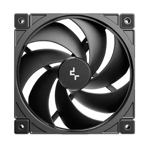 VENTILATOR 12V-FD12 V2 120x120x25mm - Krupni kadar peraja elise crnog DeepCool ventilatora sa diskretno utisnutim logotipom brenda u sredini