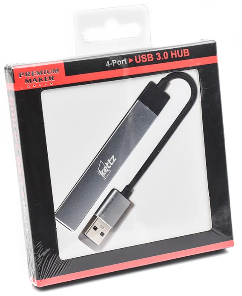 USB HUB 3.0 1 na 4 Porta HUB-K404 - Fabrička bela kartonska kutija sa crvenim okvirima, prozorom, logotipom Kettz i slikom prenosnog 4-portnog USB 3.0 razdelnika