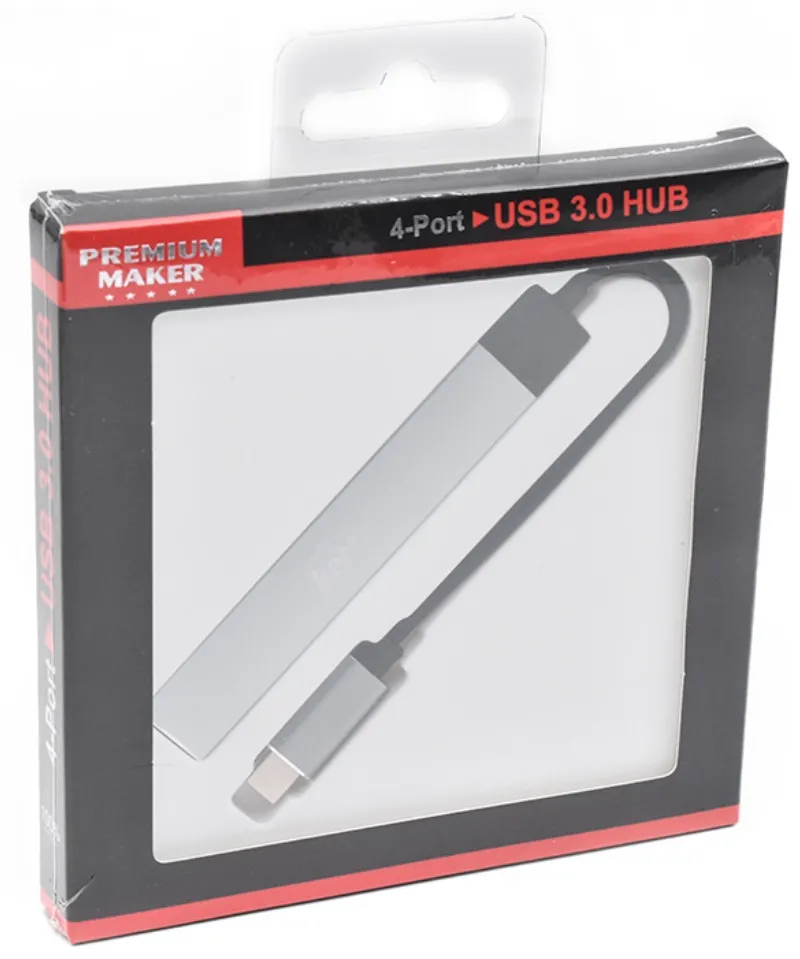 USB TIP C na USB-A 3.0 x 4  HUB-C40 - Fabrička bela kartonska kutija sa crvenim okvirima, prozorom, logotipom Kettz i slikom prenosnog 4-portnog USB-C razdelnika HUB-C40