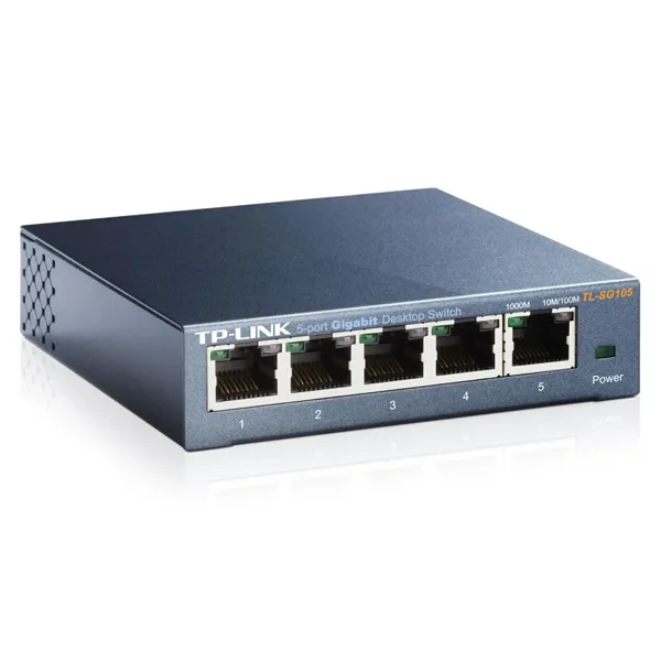 LAN SWITCH Gigabitni 5 Portova TL-SG105 - TP-Link TL-SG105 tamnosivi metalni 5-portni Gigabitni LAN switch svič sa uočljivih pet ženskih RJ45 portova i metalnim kućištem odozgo