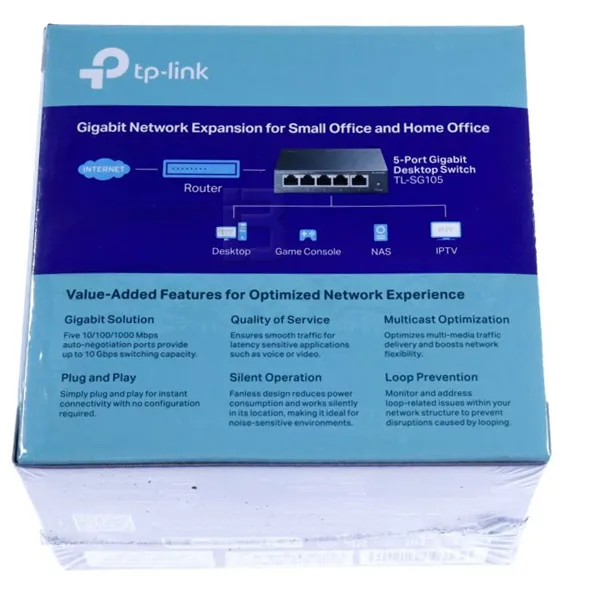 LAN SWITCH Gigabitni 5 Portova TL-SG105 - Fabrička plava kartonska kutija sa prepoznatljivim belim logotipom TP-Link, slikom 5-portnog gigabitnog sviča i istaknutim tehničkim oznakama