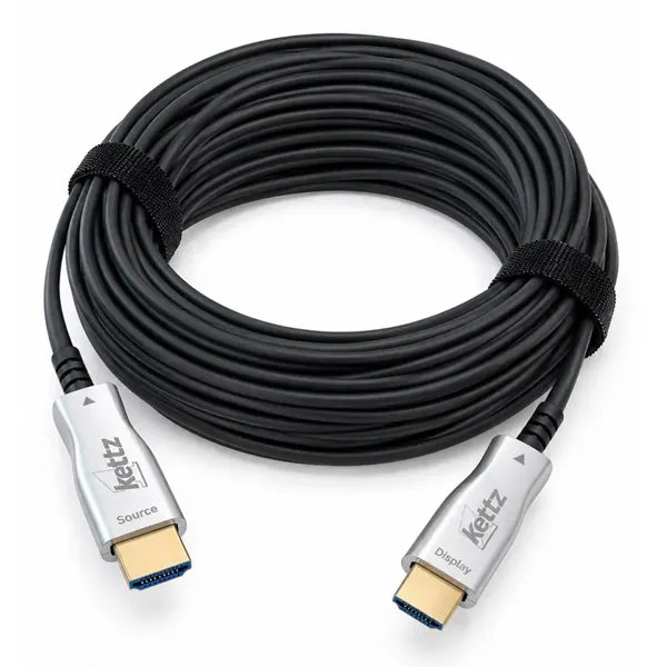 HDMI V2.0 Optički kabl 4K/60hz 15m - Kettz HD-K110 crni fleksibilni optički HDMI 2.0 kabl dužine 15m savijen u veliki kotur sa srebrnim metalnim kućištima i pozlaćenim utikačima