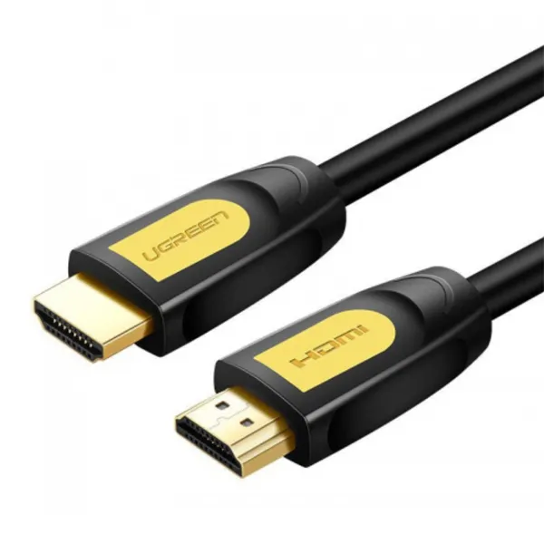 HDMI KABL HD101 V2.0 3m - Krupni kadar dva muška HDMI 2.0 priključka Ugreen sa žutim plastičnim oklopima i utisnutim logotipom brenda na čistoj beloj pozadini