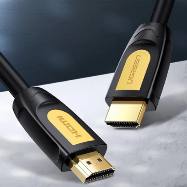 HDMI KABL HD101 V2.0 3m - Ugreen HD101 crni HDMI 2.0 prenosni kabl dužine 3m sa muškim pozlaćenim utikačima i uočljivim žutim kućištima konektora prikazan izbliza