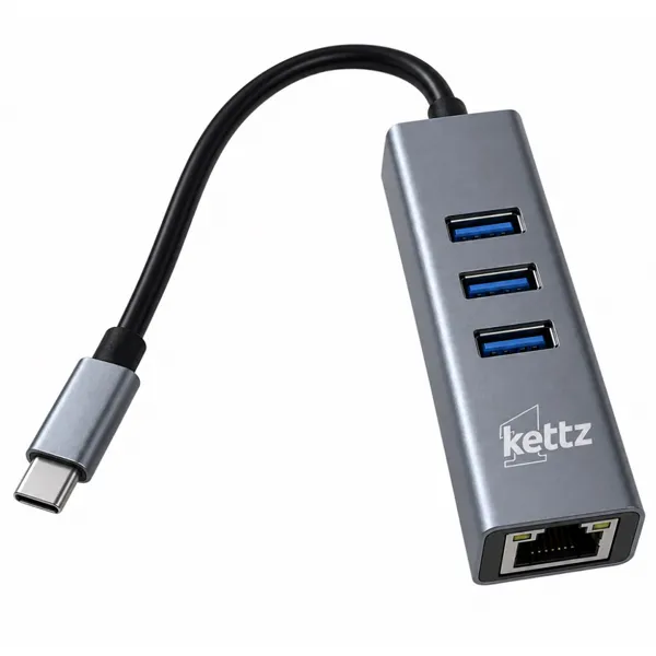 HUB USB TIP C na tri USB 3.0 Porta i Gigabit LAN port - Kettz KT-UC41 sivi aluminijumski 4u1 USB-C HUB mrežni razdelnik sa tri ženska USB 3.0 porta odozgo, ženskom RJ45 LAN utičnicom spreda i kablom