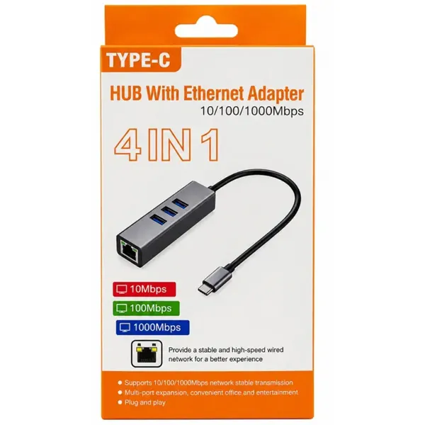 HUB USB TIP C na tri USB 3.0 Porta i Gigabit LAN port - Fabrička bela kartonska kutija sa narandžastim okvirima, prozorom, logotipom Kettz i slikom prenosnog 4u1 USB-C razdelnika KT-UC41