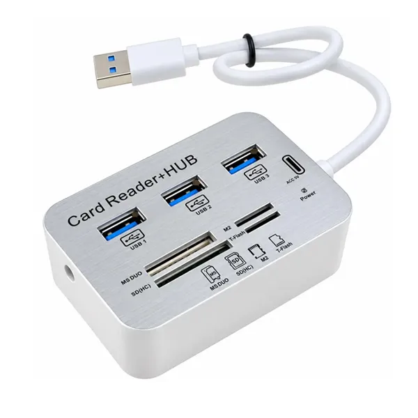 USB 3.0 HUB sa 3 PORTA i ČITAČEM KARTICA - Kettz KT-HC731 srebrno-beli 7u1 USB 3.0 HUB razdelnik sa tri ženska USB porta, četiri ugrađena slota čitača kartica i integrisanim belim kablom