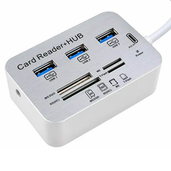 USB 3.0 HUB sa 3 PORTA i ČITAČEM KARTICA - Gornji tlocrt pravougaonog metalik Kettz USB adaptera sa uočljivim oznakama slotova Card Reader + HUB i plavim unutrašnjim okvirima portova