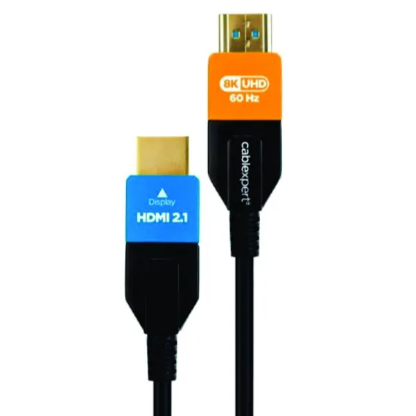 HDMI V2.1 Optički kabl 8K/60Hz 30m - Paralelni prikaz narandžastog i plavog metalnog konektora sa pozlaćenim kontaktima na Cablexpert AOC optičkom kablu v2.1 dužine 30 metara
