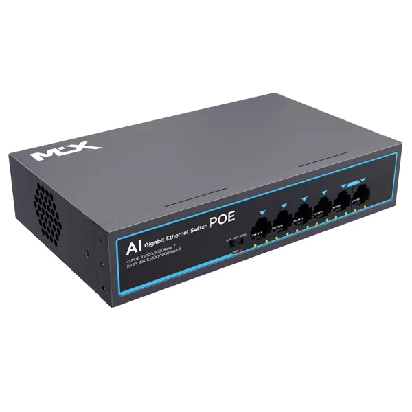 LAN SVIČ MLX-SG06P GIGABITNI - MLX-SG06P tamno sivi metalni PoE mrežni svič sa četiri prednja gigabitna PoE porta, dva uplink porta, LED indikatorima napona i belim logotipom AI POE