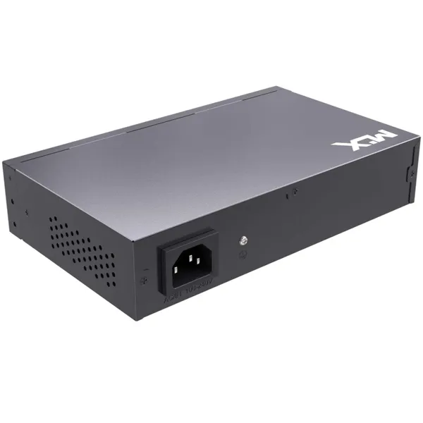 PoE LAN SVIČ GIGABITNI MLX-SG06P - Gornji kosi prikaz kompaktnog mrežnog razvodnika podataka MLX na čistoj beloj pozadini koji prikazuje ventilacione otvore na bočnoj strani šasije