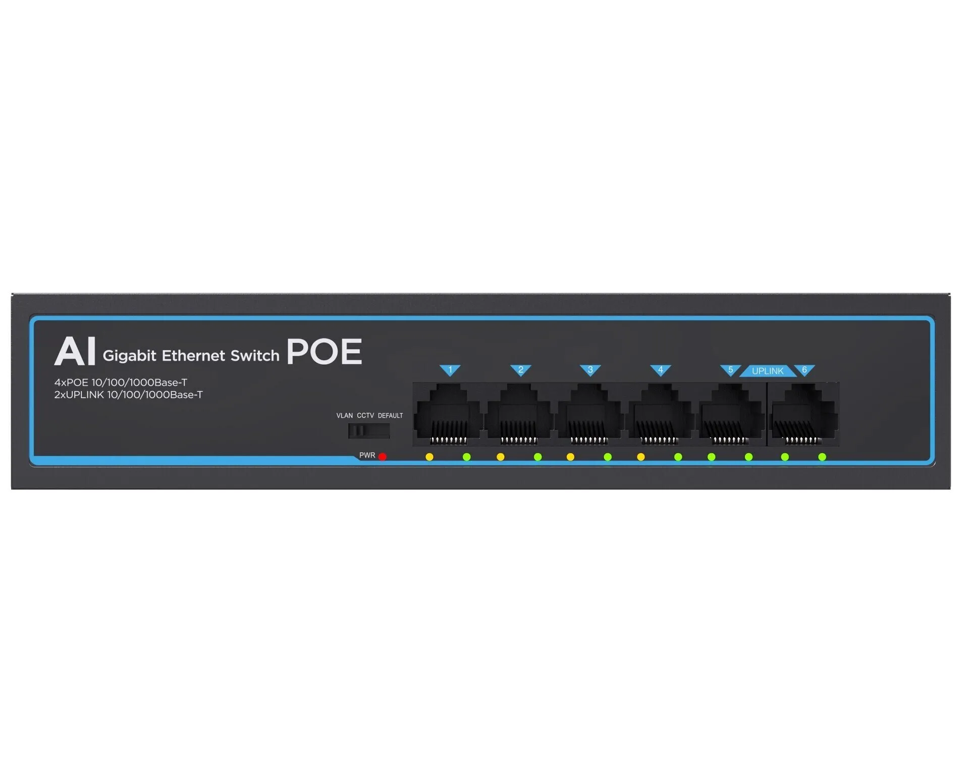 PoE LAN SVIČ GIGABITNI MLX-SG06P - Ravan prikaz prednje strane metalnog sviča MLX koji jasno ilustruje raspored šest RJ45 mrežnih utičnica, metalno kućište i zelene svetlosne mrežne indikatore