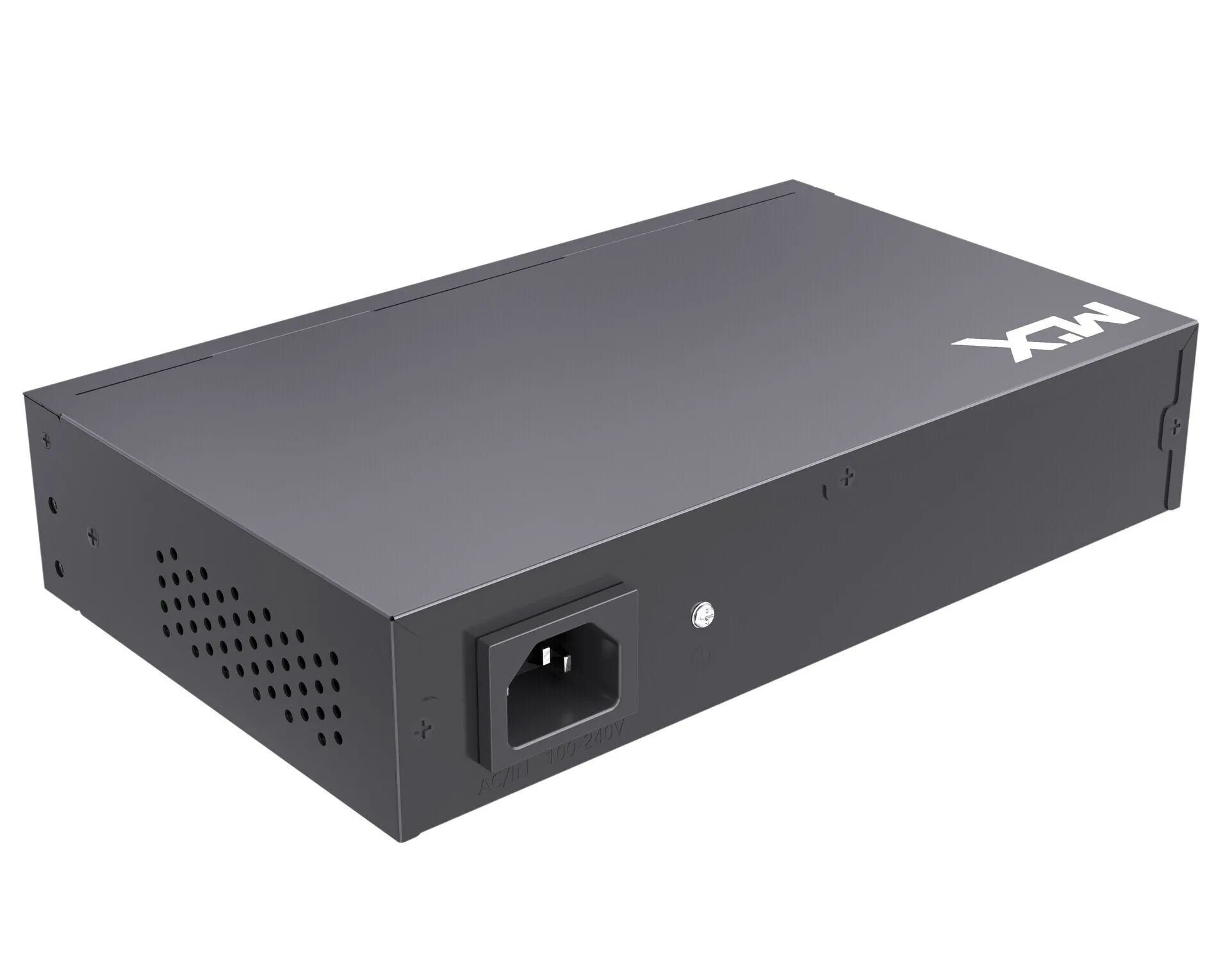PoE LAN SVIČ GIGABITNI MLX-SG10P - Gornji kosi prikaz kompaktnog mrežnog razvodnika podataka MLX na čistoj beloj pozadini koji prikazuje ventilacione otvore na bočnoj strani šasije i strujnu utučnicu