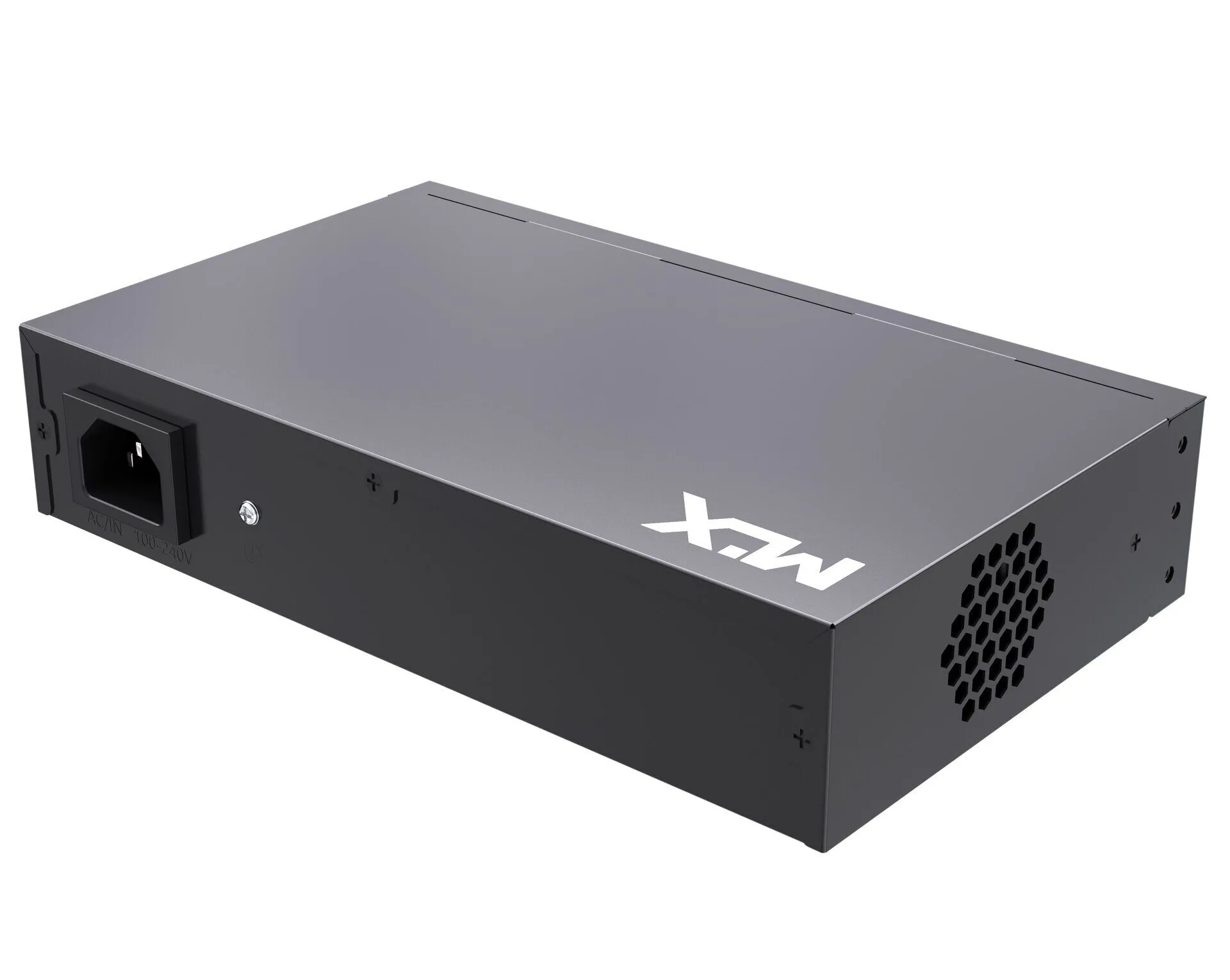 PoE LAN SVIČ GIGABITNI MLX-SG10P - Gornji kosi prikaz kompaktnog mrežnog razvodnika podataka MLX na čistoj beloj pozadini koji prikazuje ventilacione otvore na bočnoj strani šasije