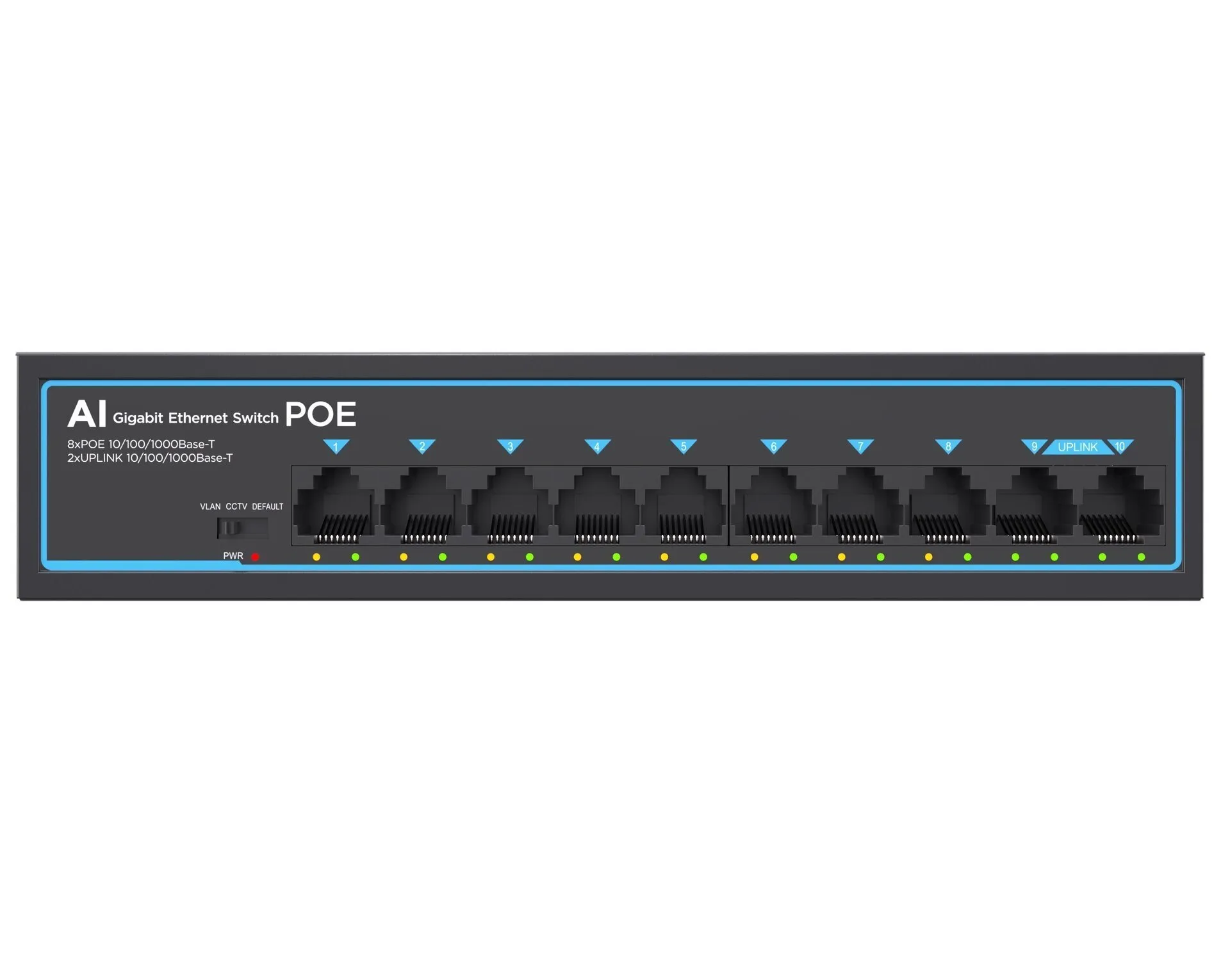PoE LAN SVIČ GIGABITNI MLX-SG10P - Ravan prikaz prednje strane metalnog sviča MLX koji jasno ilustruje raspored deset RJ45 mrežnih utičnica, metalno kućište i zelene svetlosne mrežne indikatore