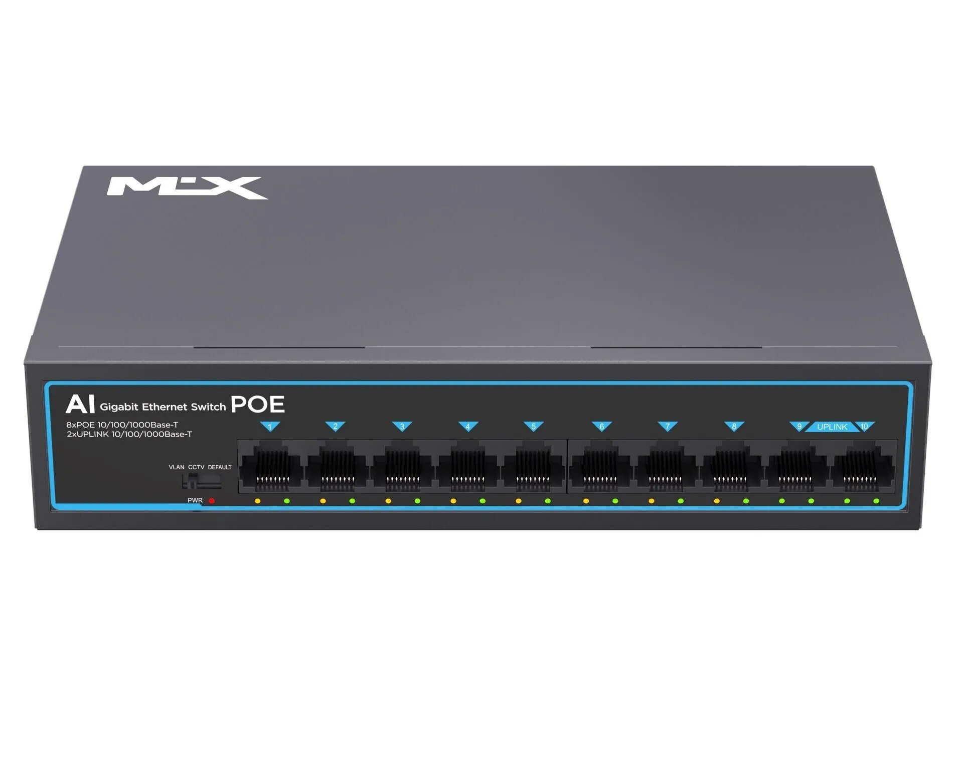 PoE LAN SVIČ GIGABITNI MLX-SG10P - Gornji kosi prikaz kompaktnog mrežnog razvodnika podataka MLX na čistoj beloj pozadini koji prikazuje RJ45 utičnice