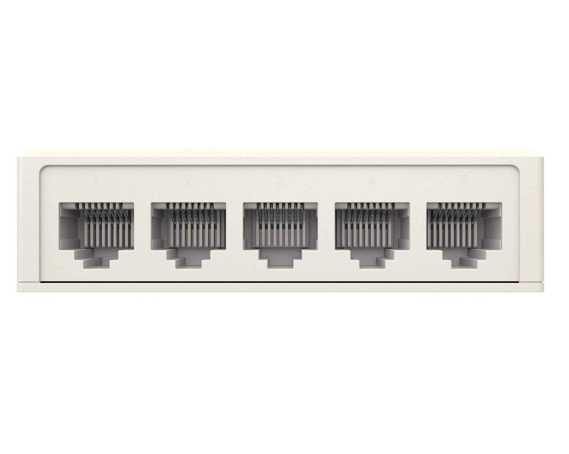 LAN SVIČ GIGABITNI MLX-SG105 - Gornji kosi prikaz prenosnog belog mrežnog razvodnika podataka MLX na čistoj beloj pozadini koji prikazuje gornji panel sa utisnutim sivim logotipom