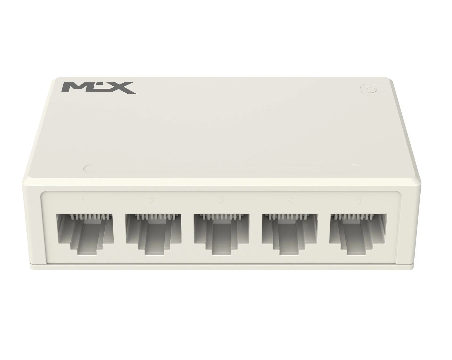 LAN SVIČ GIGABITNI MLX-SG105 - Zadnja i bočna strana kompaktnog sviča MLX-SG-105 sa uočljivim okruglim strujnim priključkom za ulazni napon na čistoj beloj pozadini