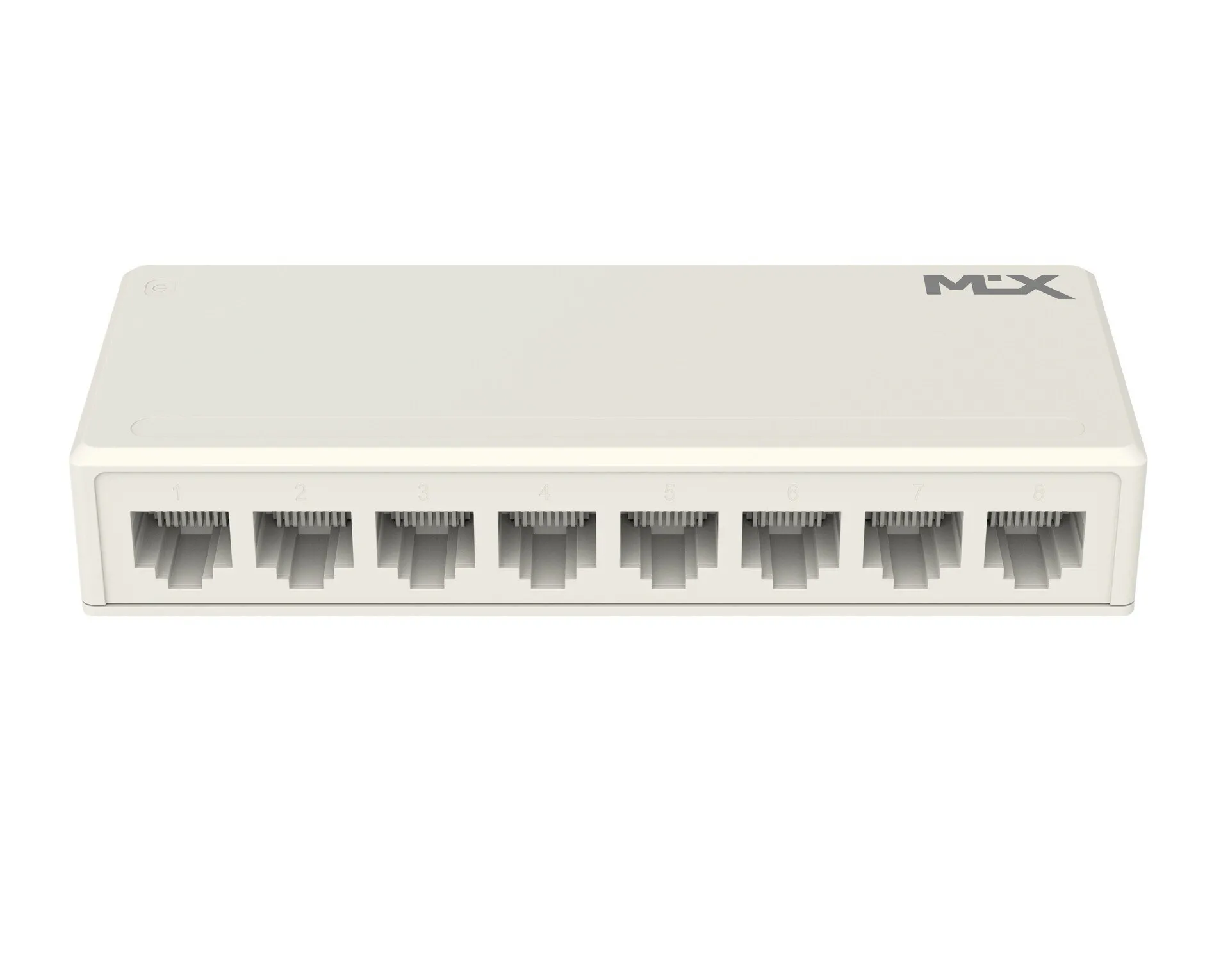 LAN SVIČ GIGABITNI MLX-SG108 - Gornji prikaz prednje strane plastičnog sviča MLX koji jasno ilustruje raspored osam RJ45 mrežnih utičnica postavljenih u horizontalni niz