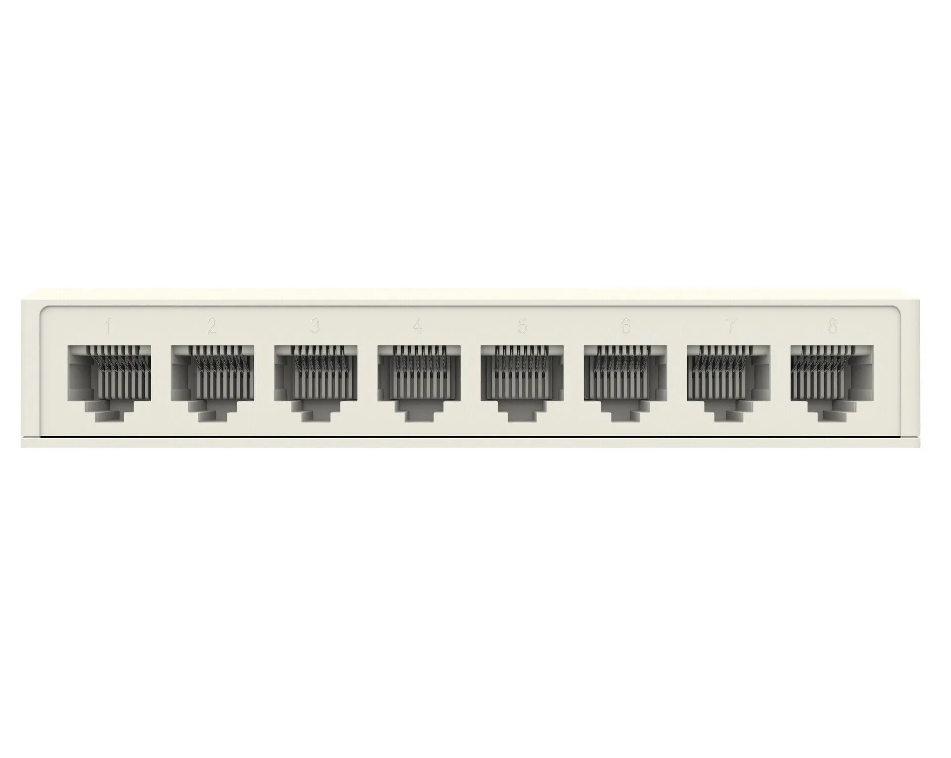 LAN SVIČ GIGABITNI MLX-SG108 - Ravan prikaz prednje strane plastičnog sviča MLX koji jasno ilustruje raspored osam RJ45 mrežnih utičnica postavljenih u horizontalni niz