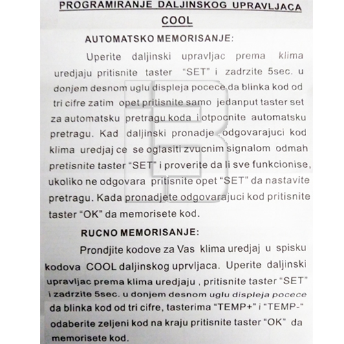 DALJINSKI UNI KLIMA COOL - uputstvo za daljinski upravljač za klimu