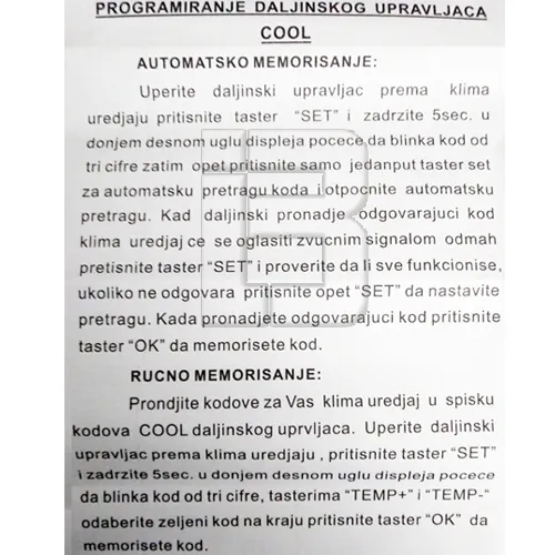 DALJINSKI UNI KLIMA COOL - uputstvo za daljinski upravljač za klimu